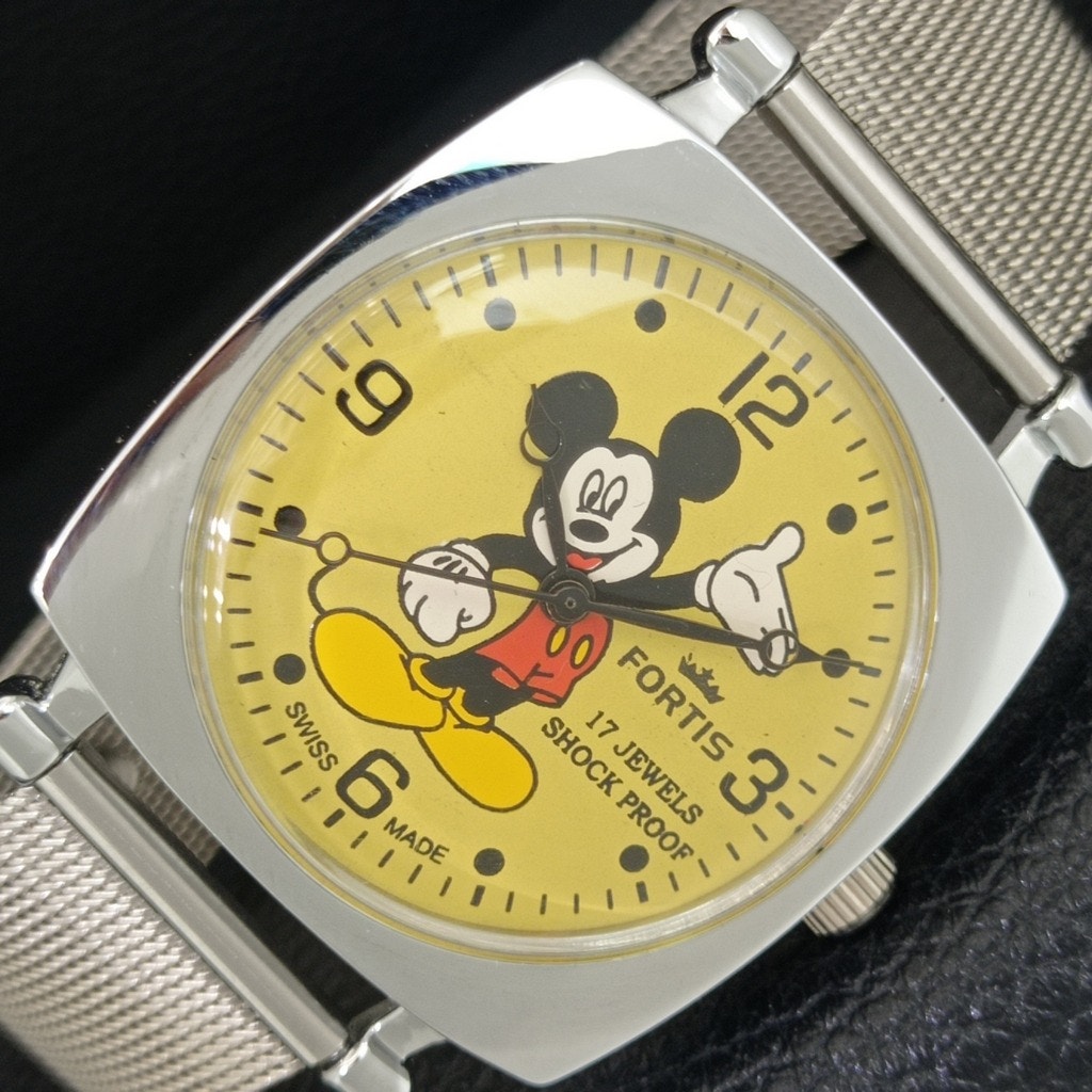 Vintage 1979 Disney Fortis Manual Mens Silver Watch W/Metal Strap & Micky Accent